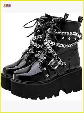 Patent Leather Chunky Heel Lace Up Combat Ankle Booties Punk Goth Platform Boots